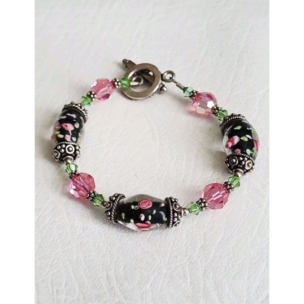 VINTAGE 925 STERLING SILVER, LAMPWORK ART GLASS BEAD BRACELET 7.5